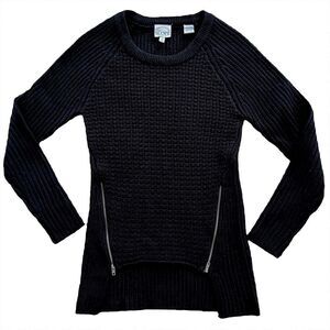 The Slope Hi-Lo Waffle Knit Long Sleeve Sweater Black Silver Zippers